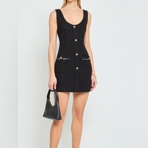 Tweed sleeveless button mini Black Dress with Embellished Buttons